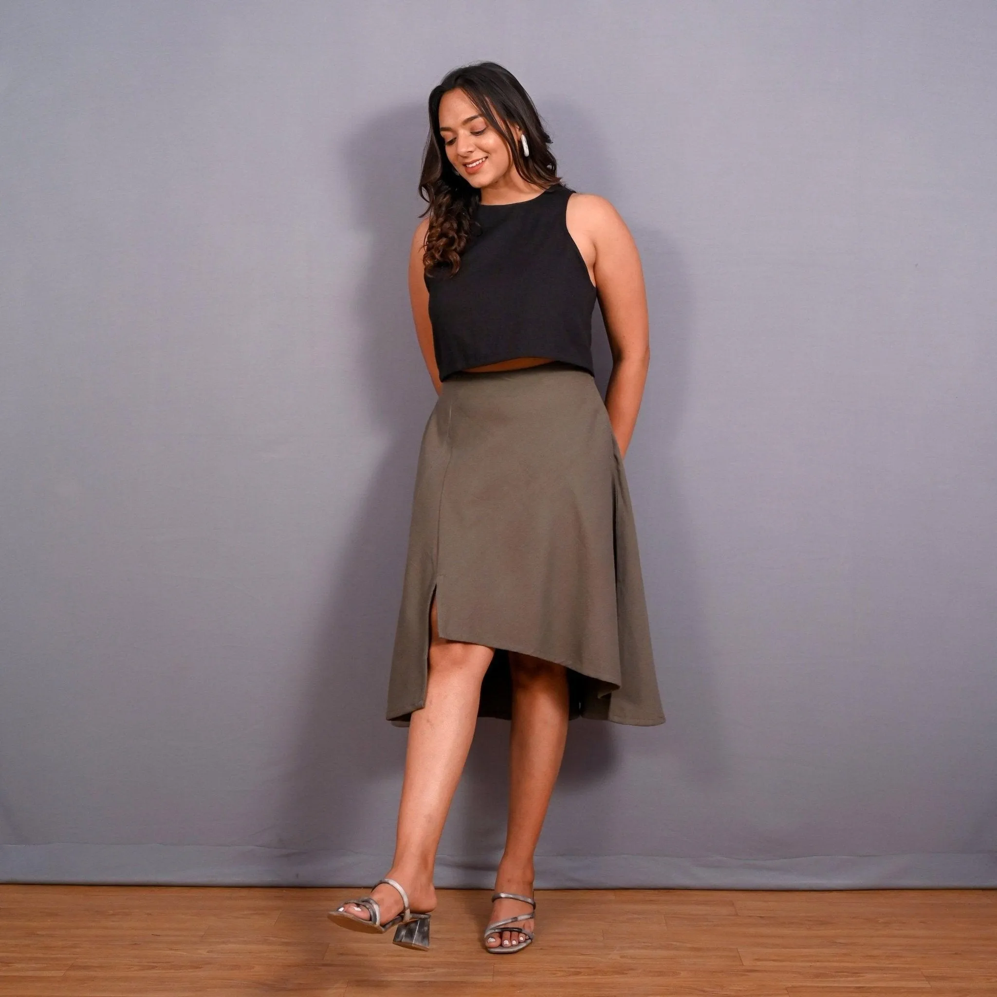 Ash Grey Warm Cotton Flannel Front Slit Asymmetric High-Low Skirt