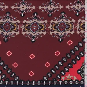 Beige/Navy/Maroon Medallion Patchwork Crepe Georgette Fabric