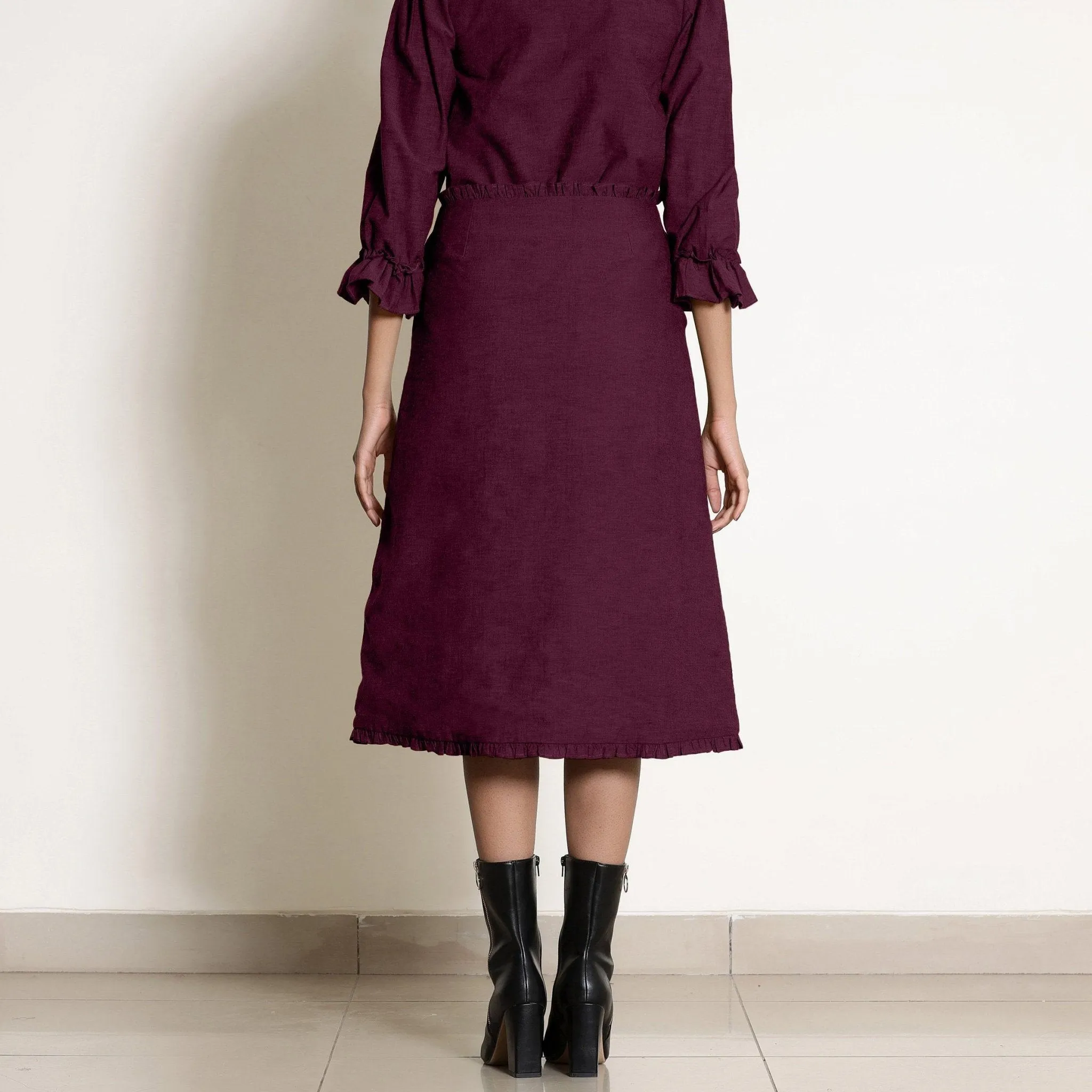 Berry Wine Warm Cotton Frilled Midi Skirt