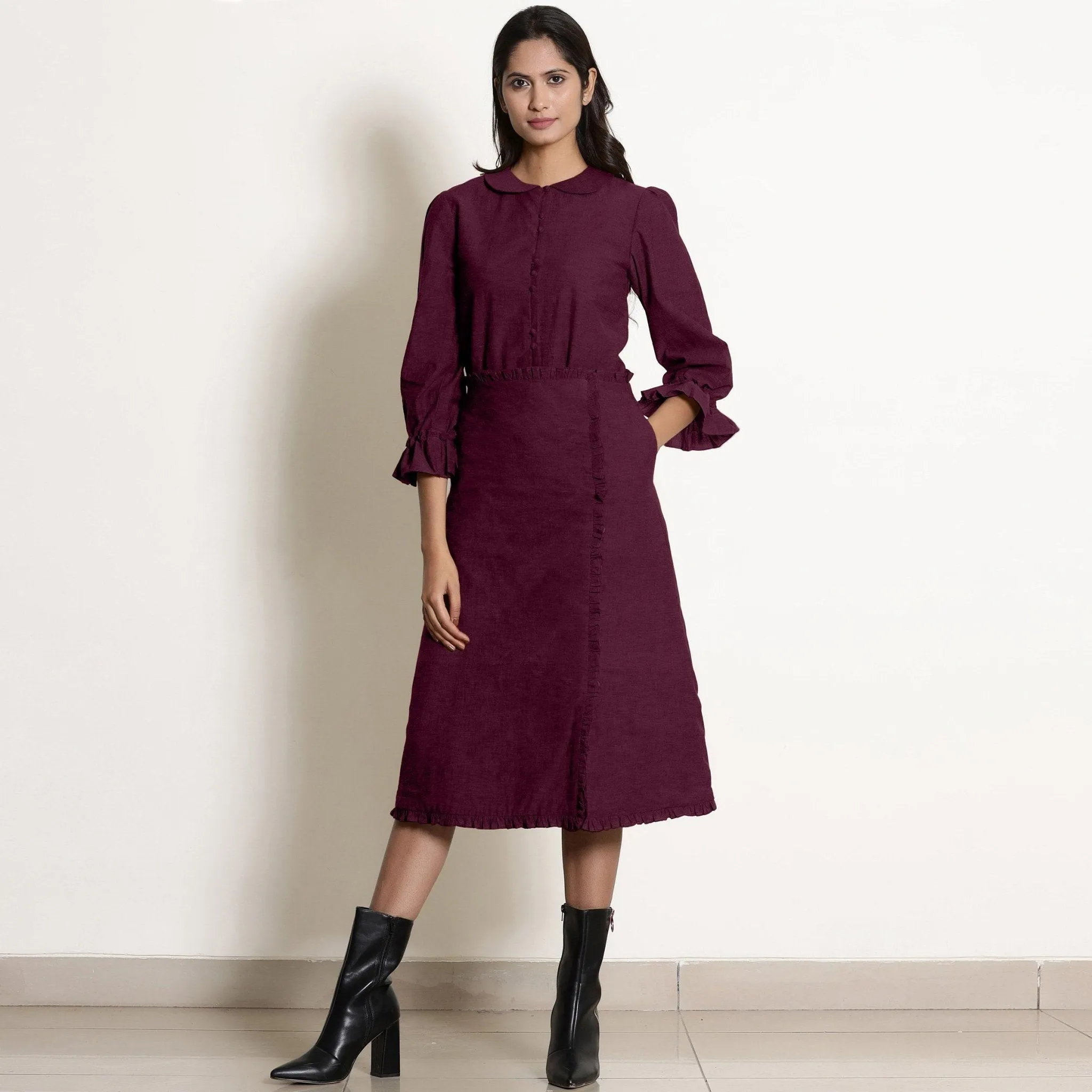 Berry Wine Warm Cotton Frilled Midi Skirt