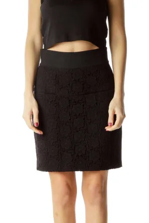 Black Flower Textured Front A-Line Skirt