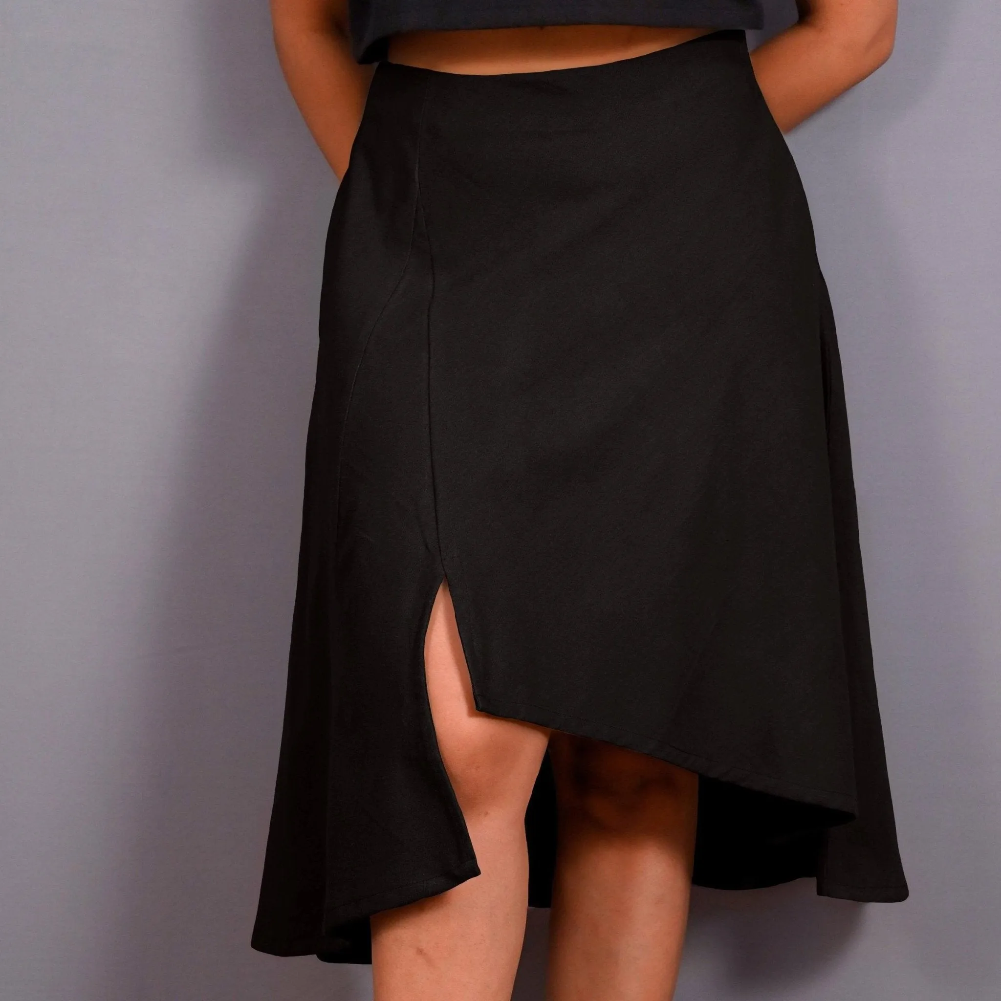 Black Warm Cotton Flannel High-Rise Front Slit Asymmetric Skirt