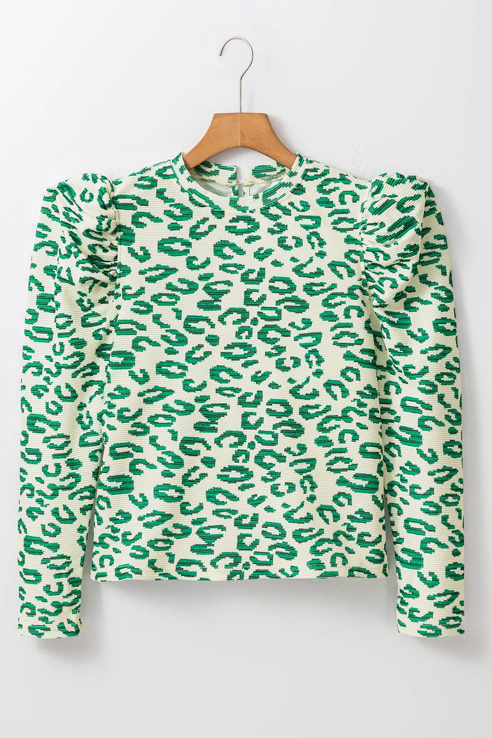 Blackish Green Leopard Print Mock Neck Puff Sleeve Top