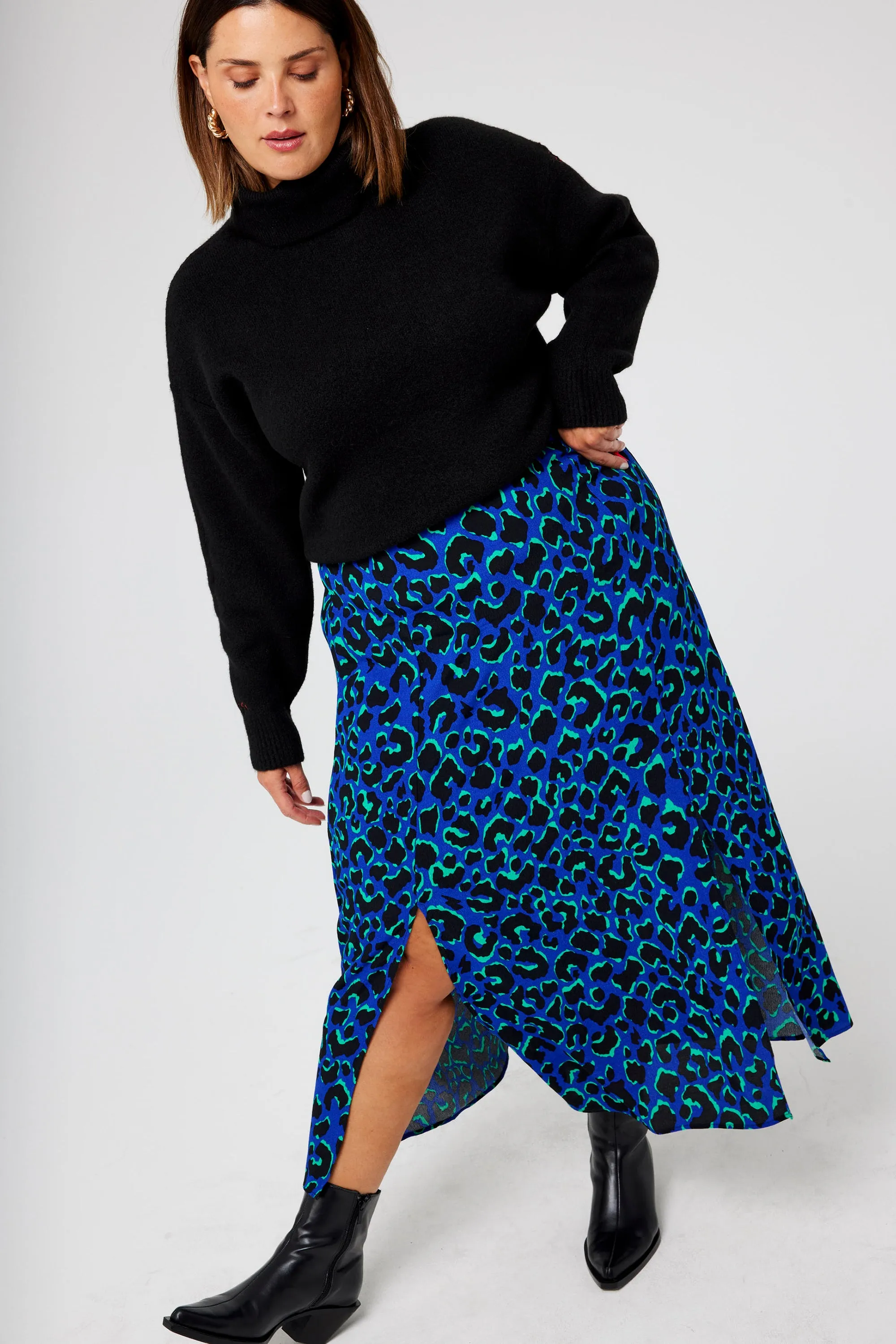 Blue with Green and Black Shadow Leopard Split Front Skirt