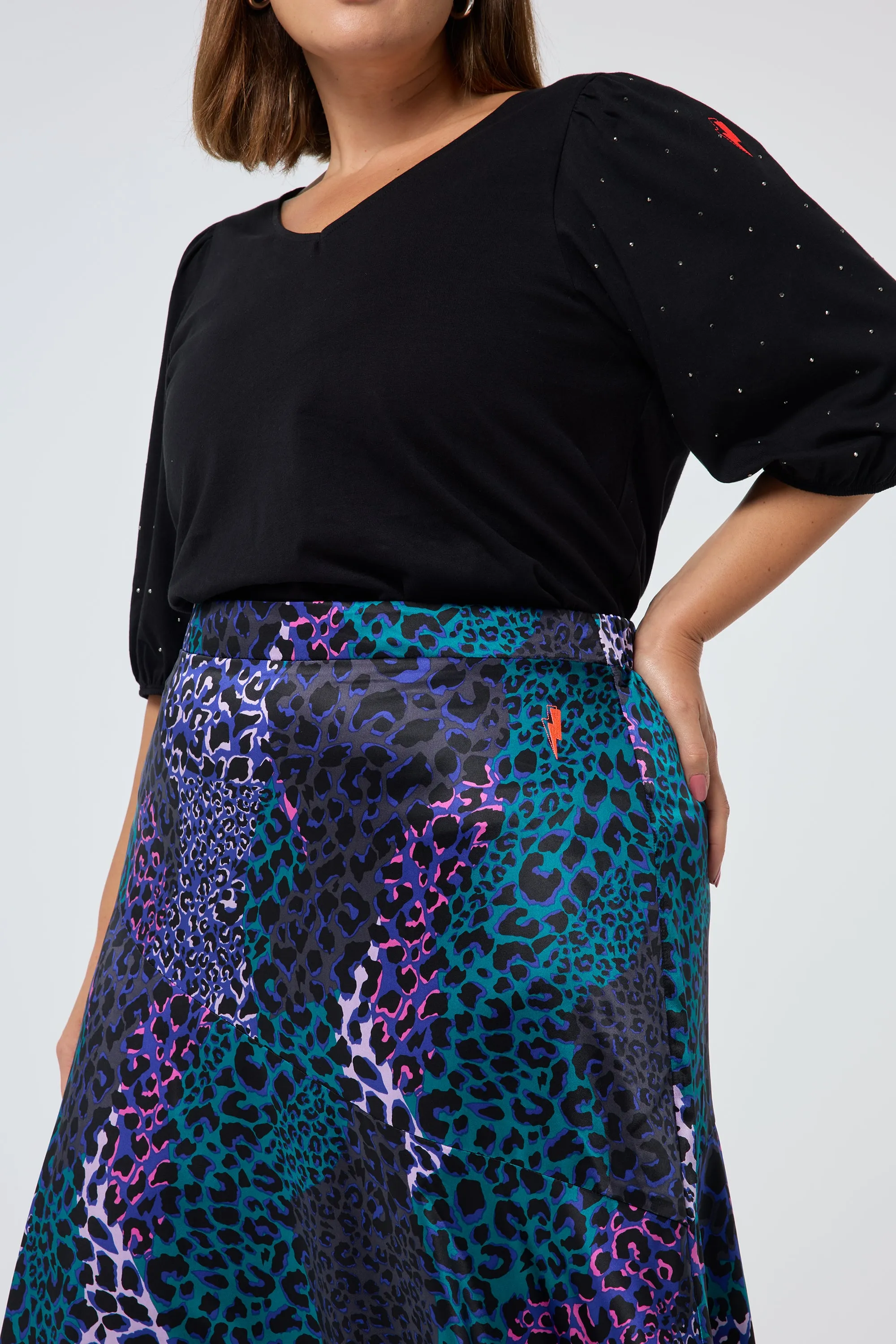 Blue with Green Spliced Leopard Satin High Low Hem Skirt