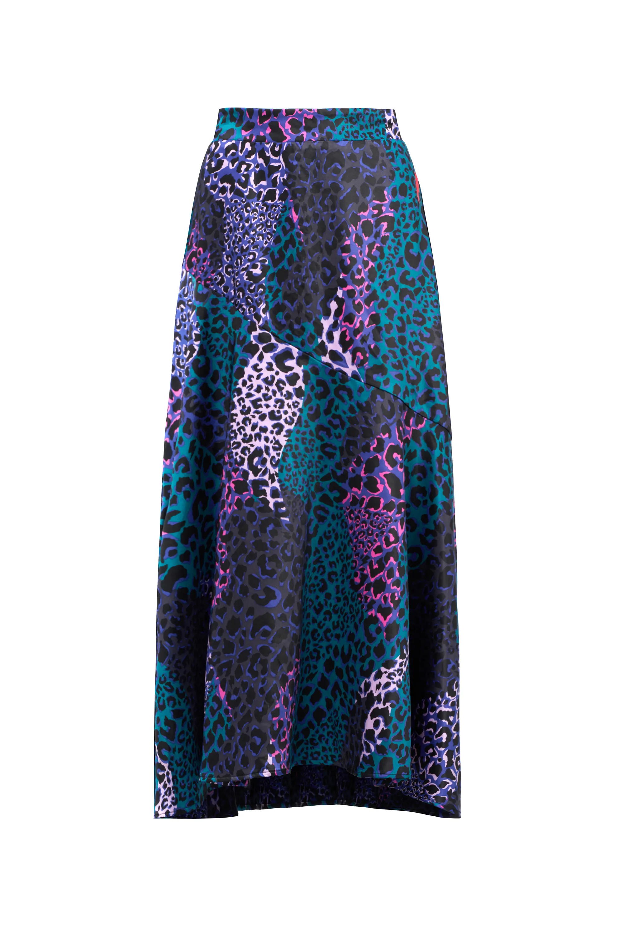 Blue with Green Spliced Leopard Satin High Low Hem Skirt