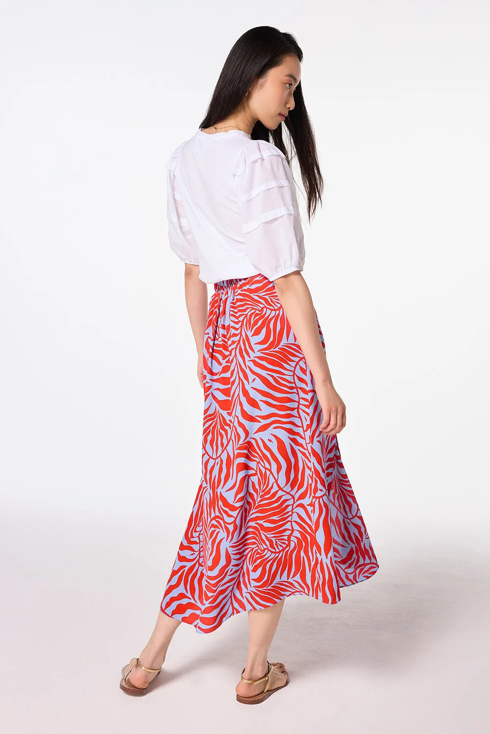 Blue with Red Palm Split Front Skirt