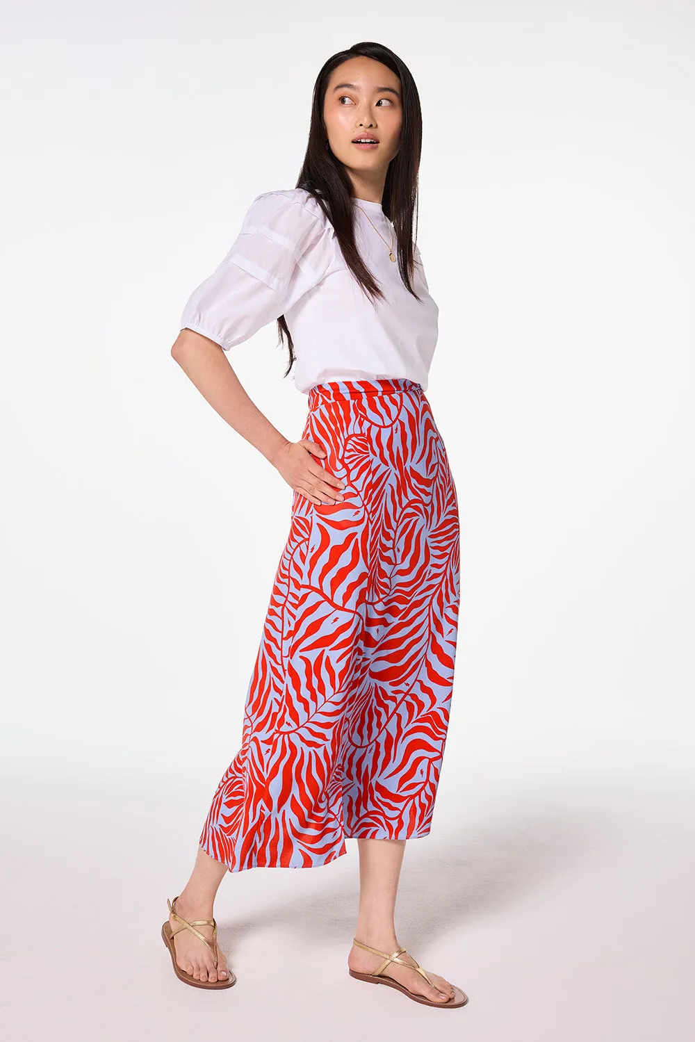 Blue with Red Palm Split Front Skirt