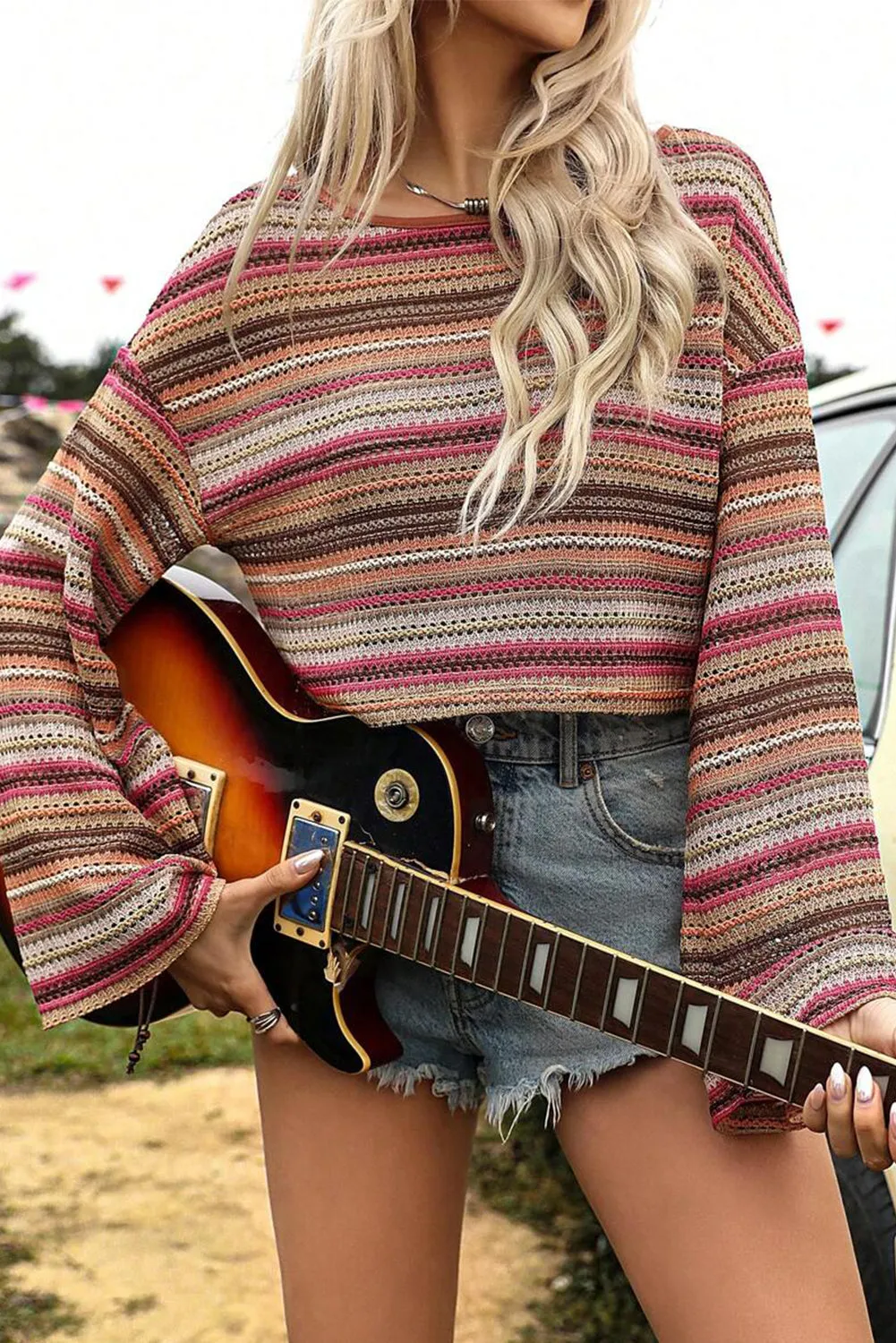 Bohemian Knit Crop Top with Bell Sleeves