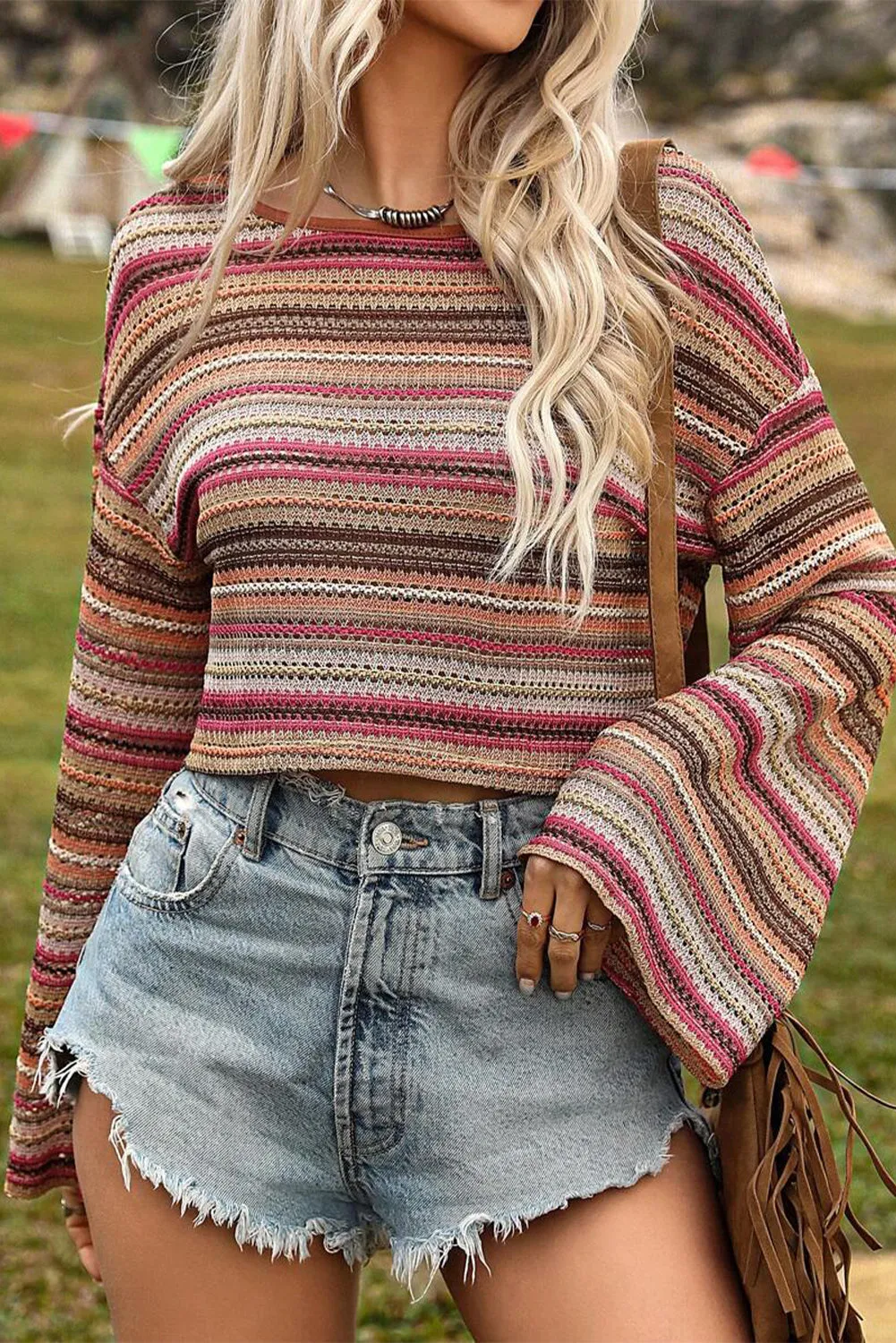 Bohemian Knit Crop Top with Bell Sleeves