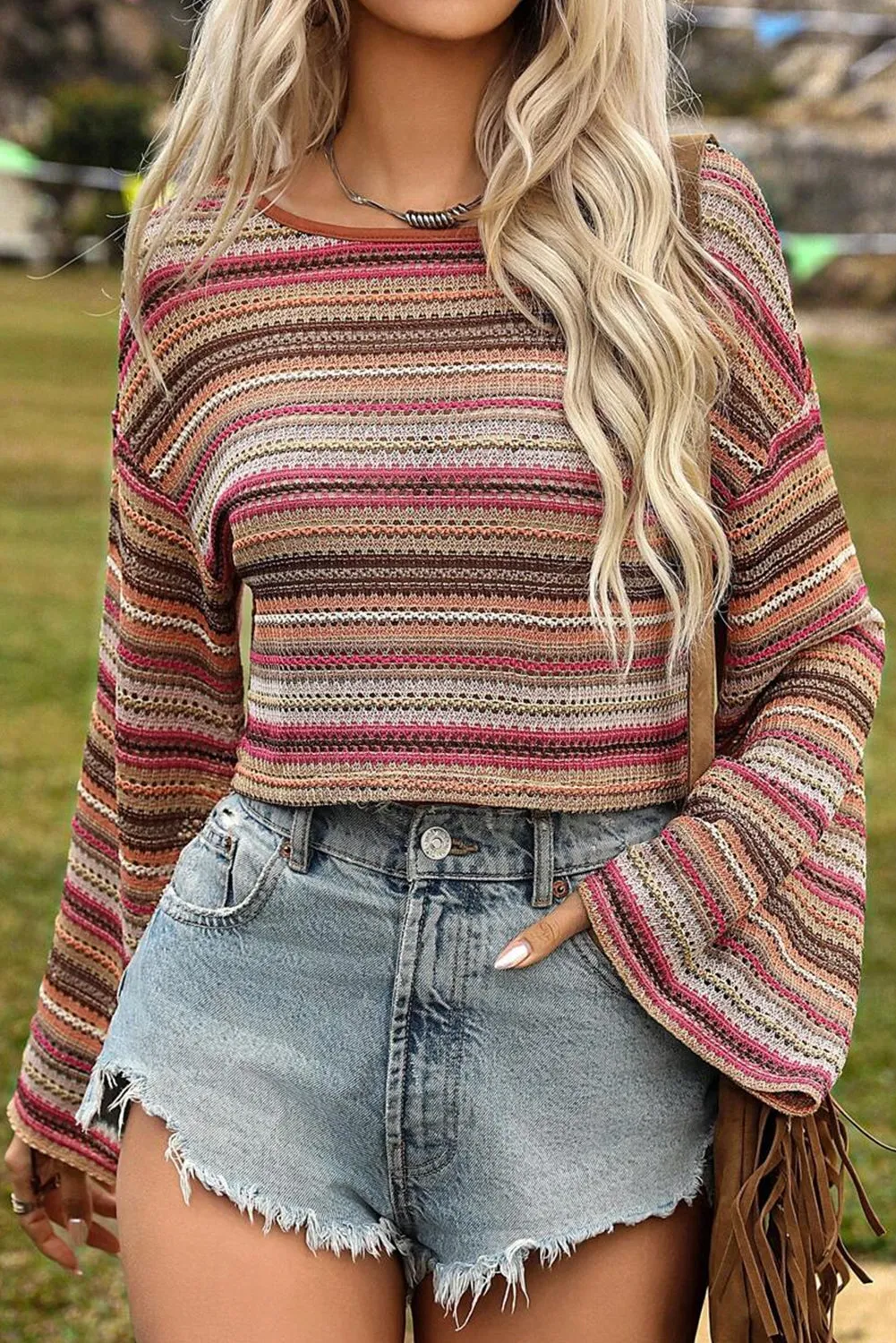 Bohemian Knit Crop Top with Bell Sleeves