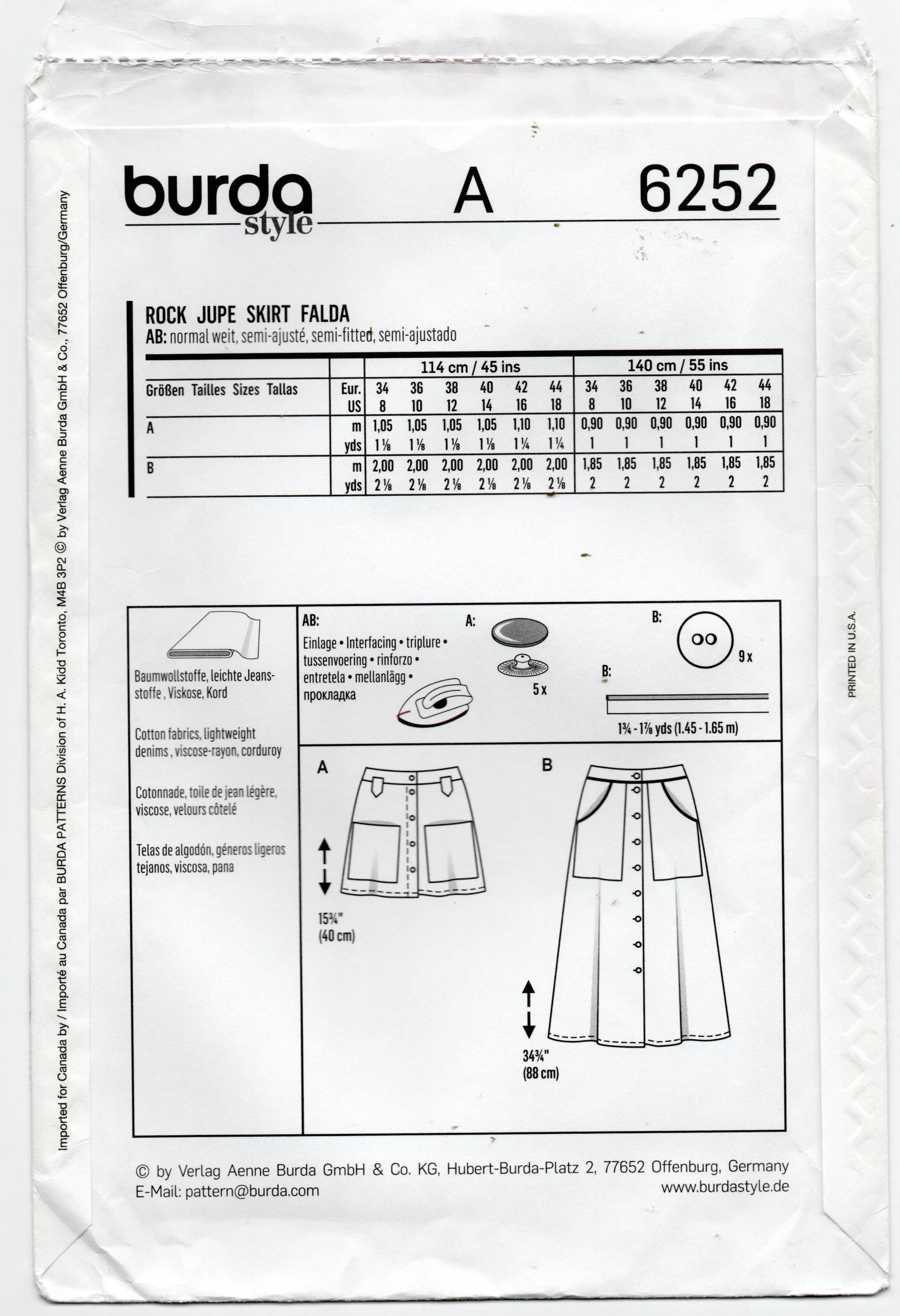 Burda Style 6252 Womens Button Front Skirts with Pockets Sewing Pattern Sizes 8 - 18 UNCUT Factory Folded