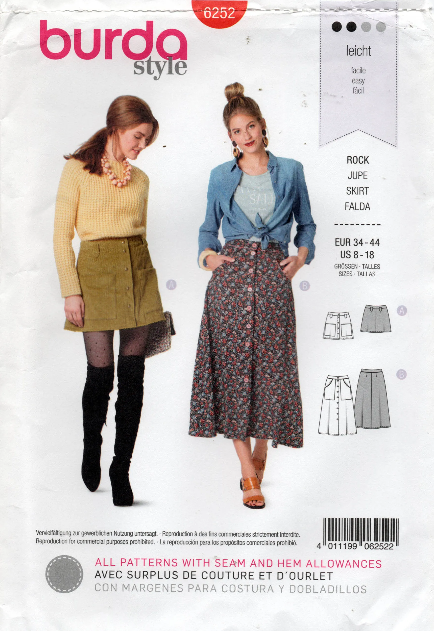 Burda Style 6252 Womens Button Front Skirts with Pockets Sewing Pattern Sizes 8 - 18 UNCUT Factory Folded