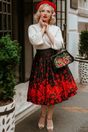 Carolyn Box Pleat Skirt in Black with Raising Poppy