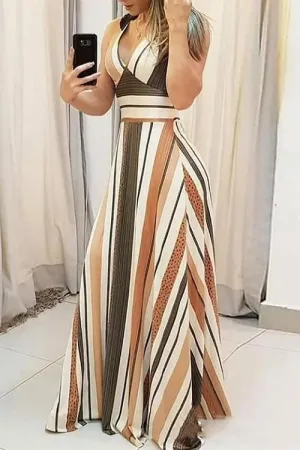 Colorful Stripe V Neck Maxi Dress