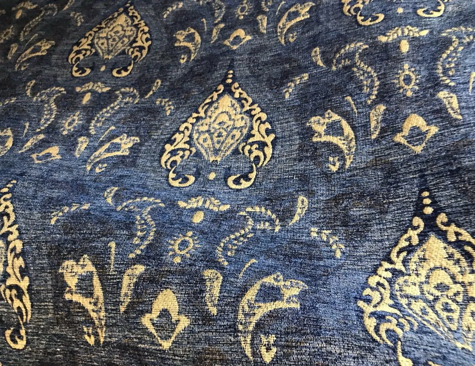 Designer Upholstery Kilim Inspired Chenille Velvet Fabric - Blue Gold LLPCB001