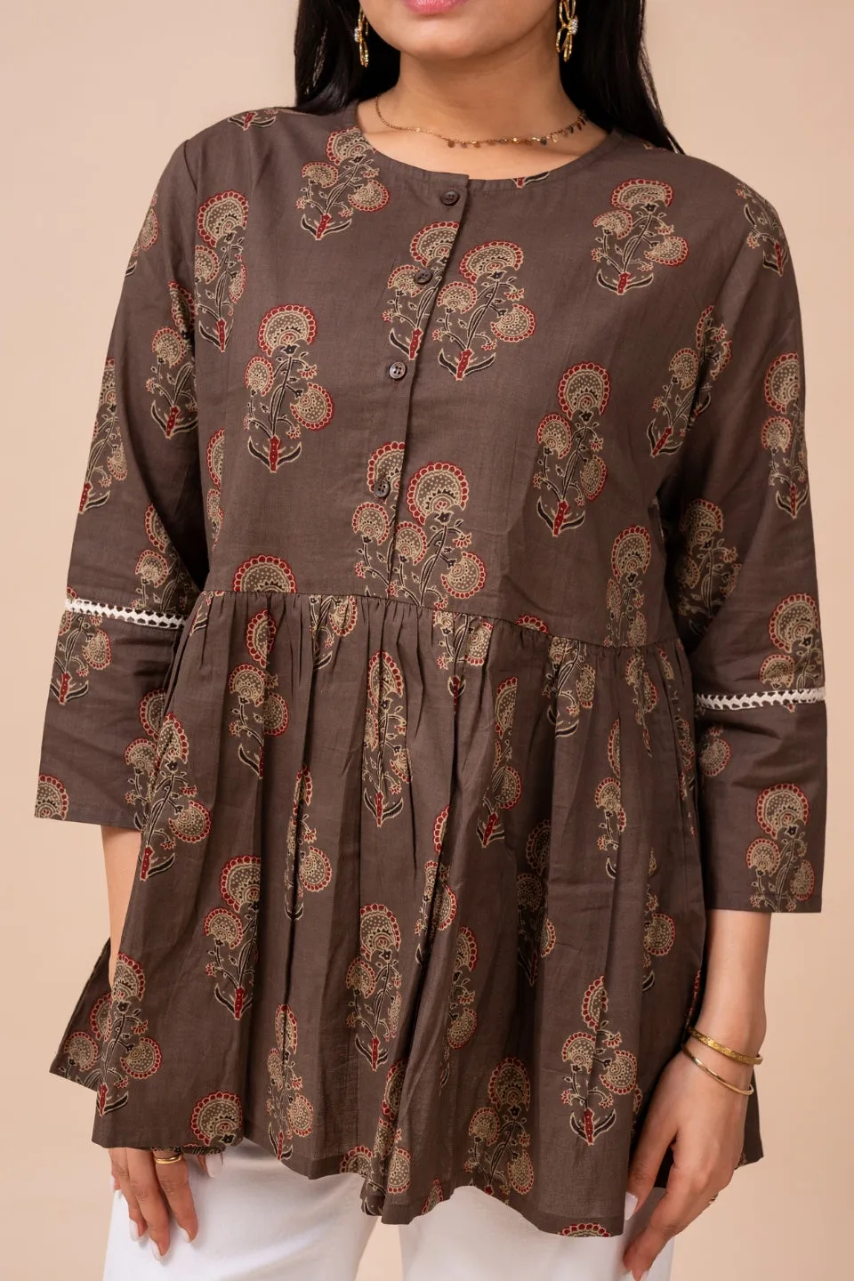 Ekisha's women brown floral printed cotton tunic top short kurti