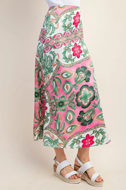 Fuchsia Colorful Printed Satin Midi Skirt