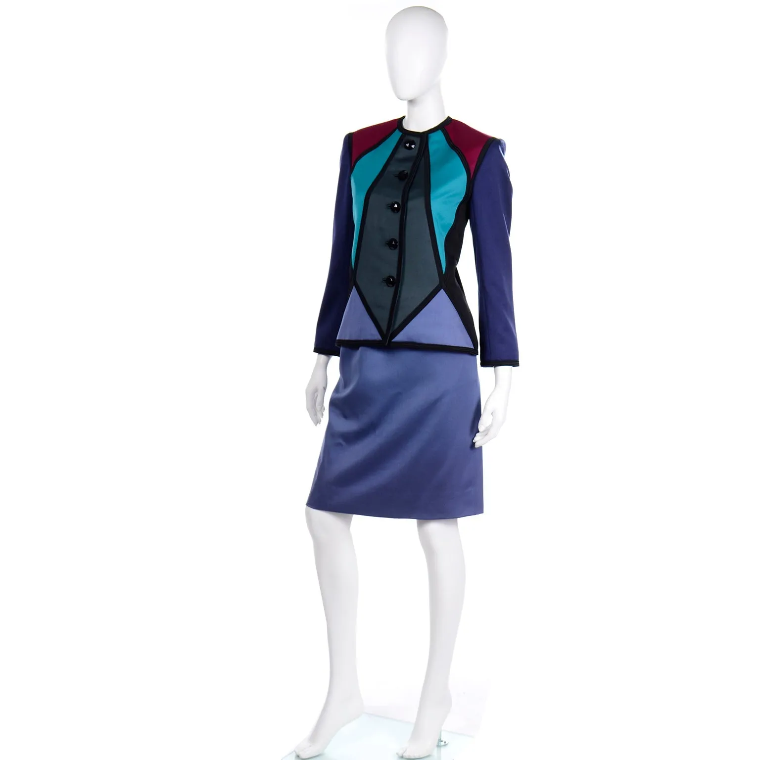 F/W 1988 Yves Saint Laurent Geometric Color Block Skirt Suit w 2 Skirts