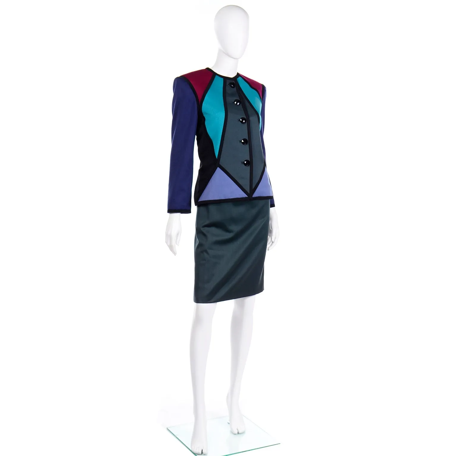 F/W 1988 Yves Saint Laurent Geometric Color Block Skirt Suit w 2 Skirts