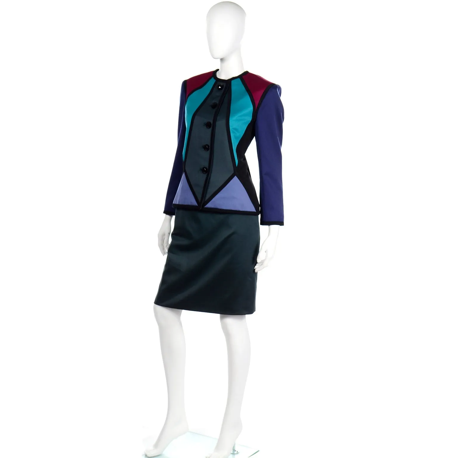 F/W 1988 Yves Saint Laurent Geometric Color Block Skirt Suit w 2 Skirts