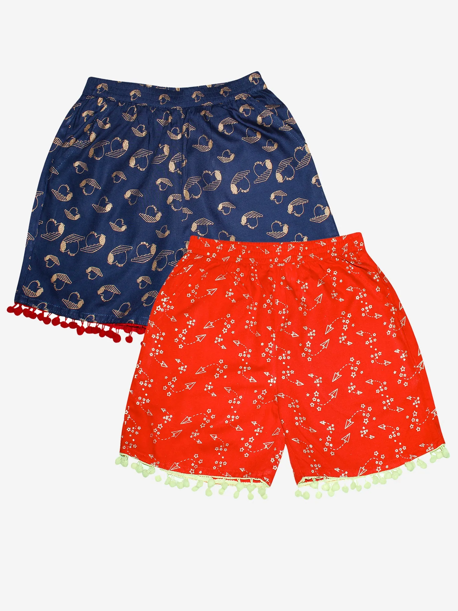 Girls Printed Rayon Shorts with Lace- Pack of 2