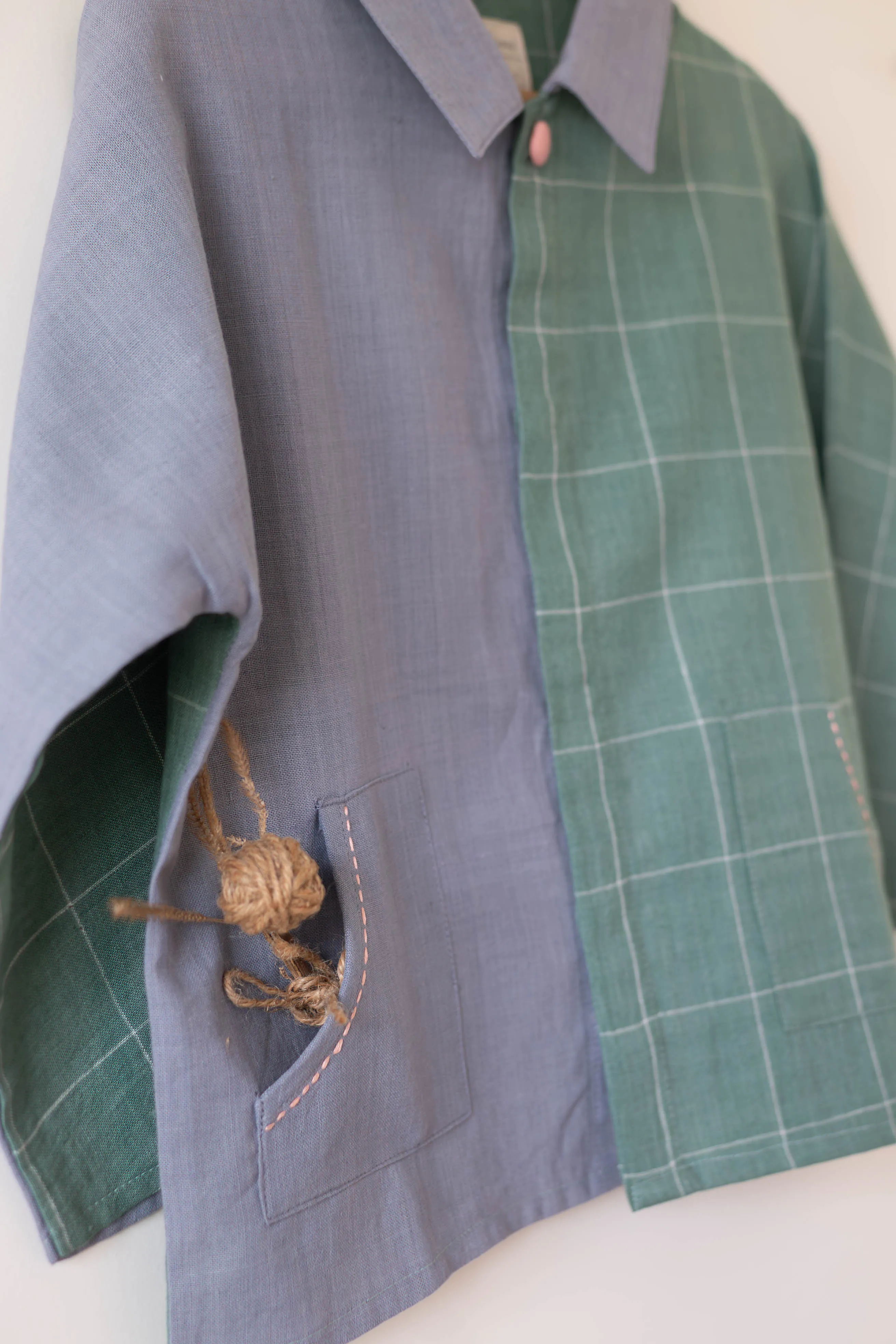 Holding Hands’ unisex kimono style baggy shirt in teal and grey handwoven cotton