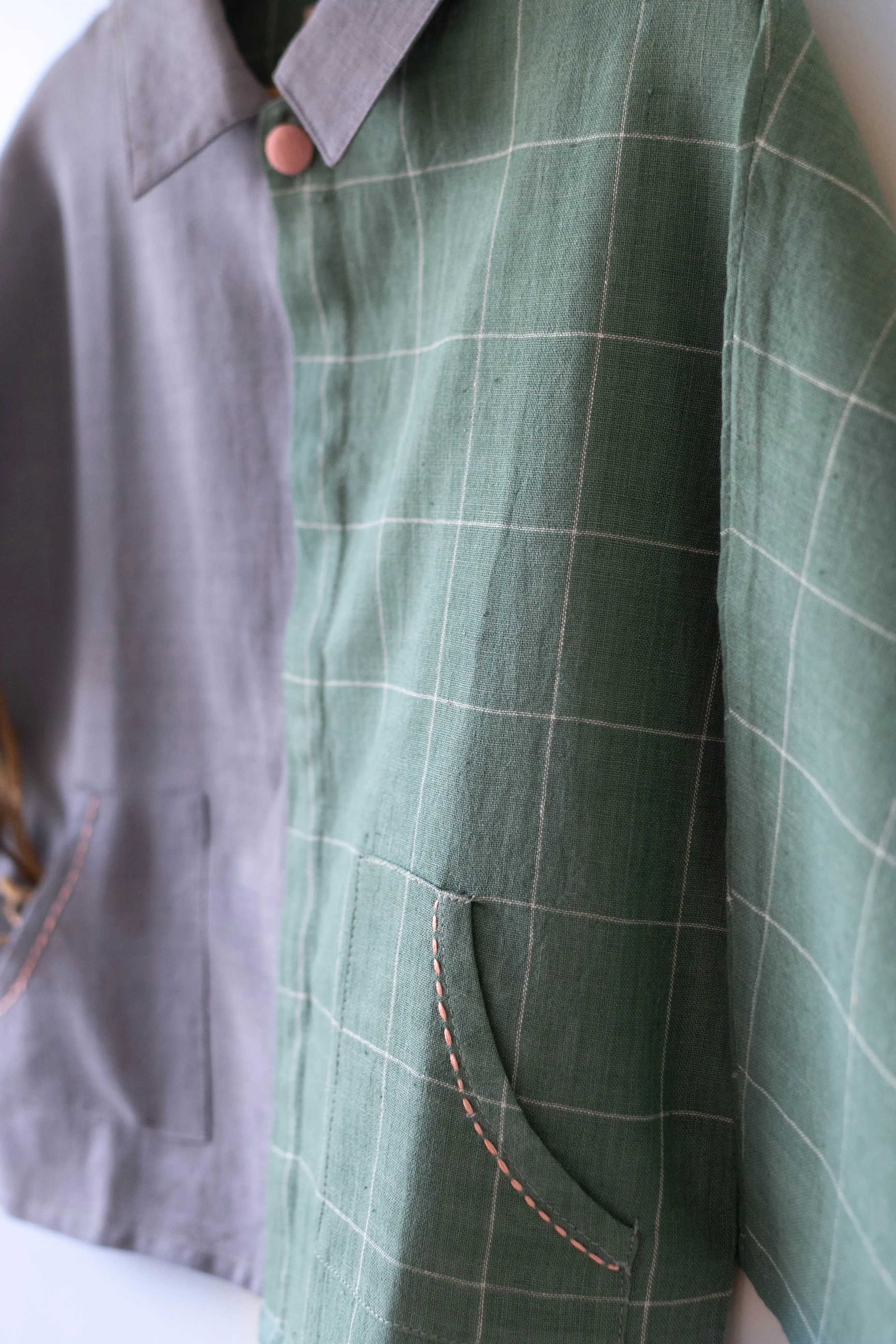 Holding Hands’ unisex kimono style baggy shirt in teal and grey handwoven cotton