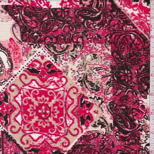 Hot Pink/Mocha Multi Stylized Patchwork Crinkled Crepe Fabric