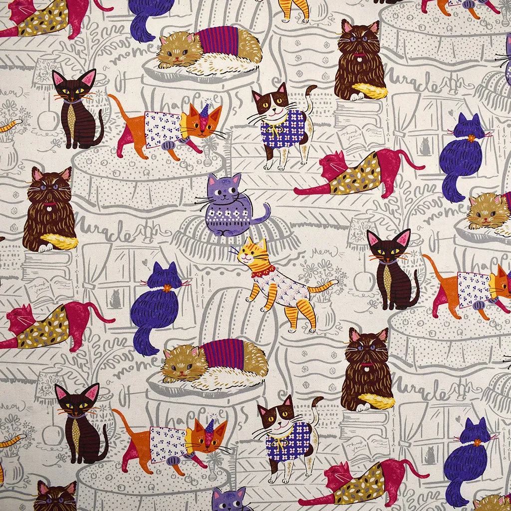 Japanese Colorful House Cats Oxford Canvas Cream/Multi