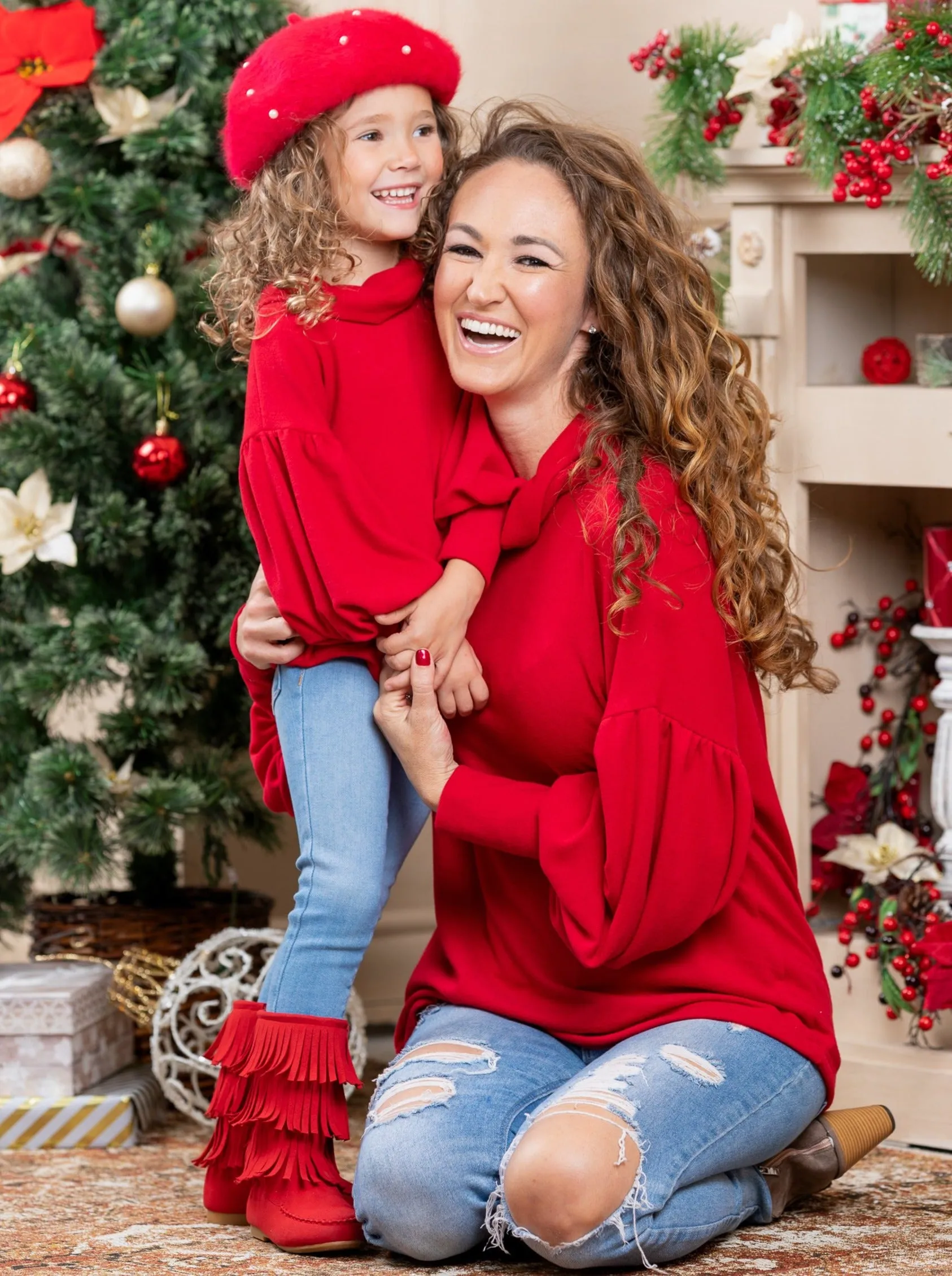 Mommy And Me Crimson Cutie Turtleneck Tops