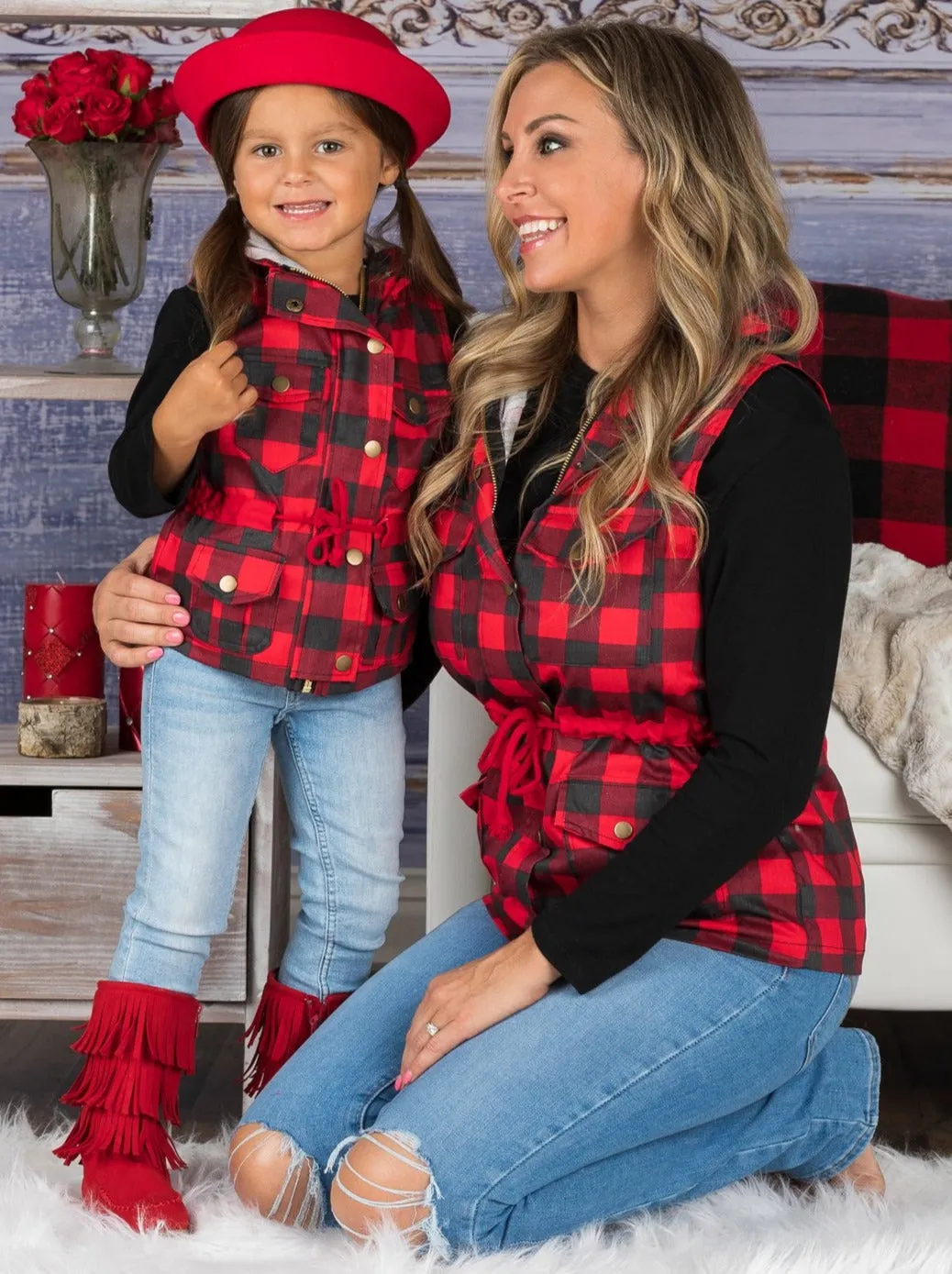 Mommy and Me Top and Plaid Hoodie Vest Set