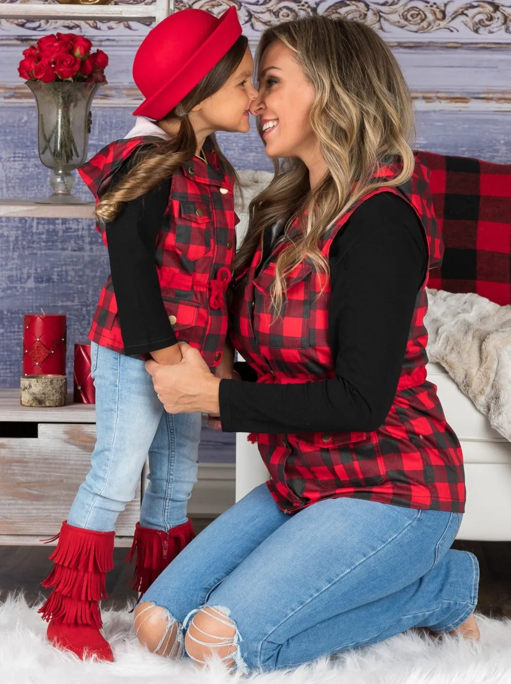 Mommy and Me Top and Plaid Hoodie Vest Set