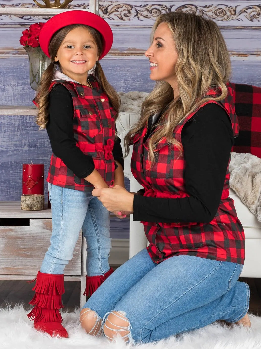 Mommy and Me Top and Plaid Hoodie Vest Set