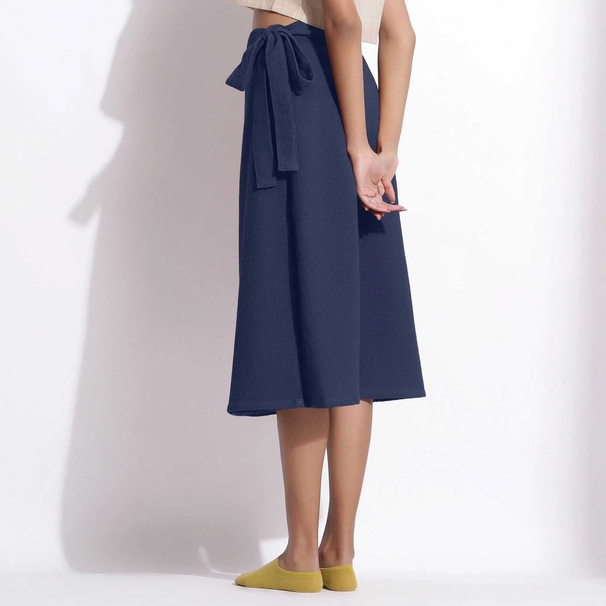 Navy Blue Warm Cotton Waffle Midi Wrap Skirt