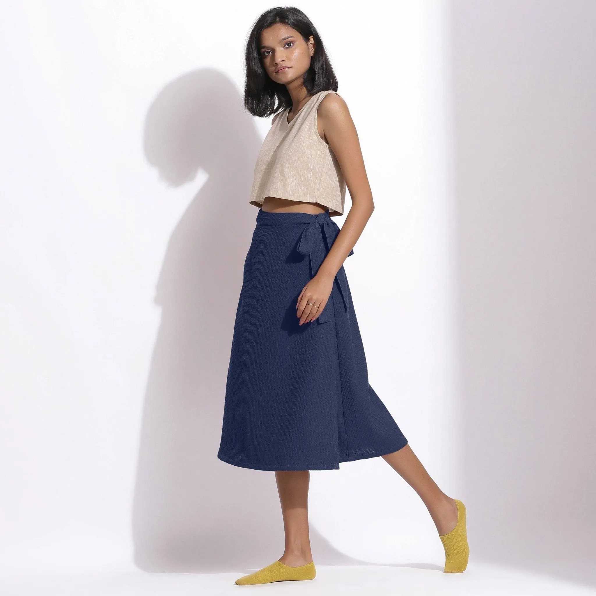 Navy Blue Warm Cotton Waffle Midi Wrap Skirt