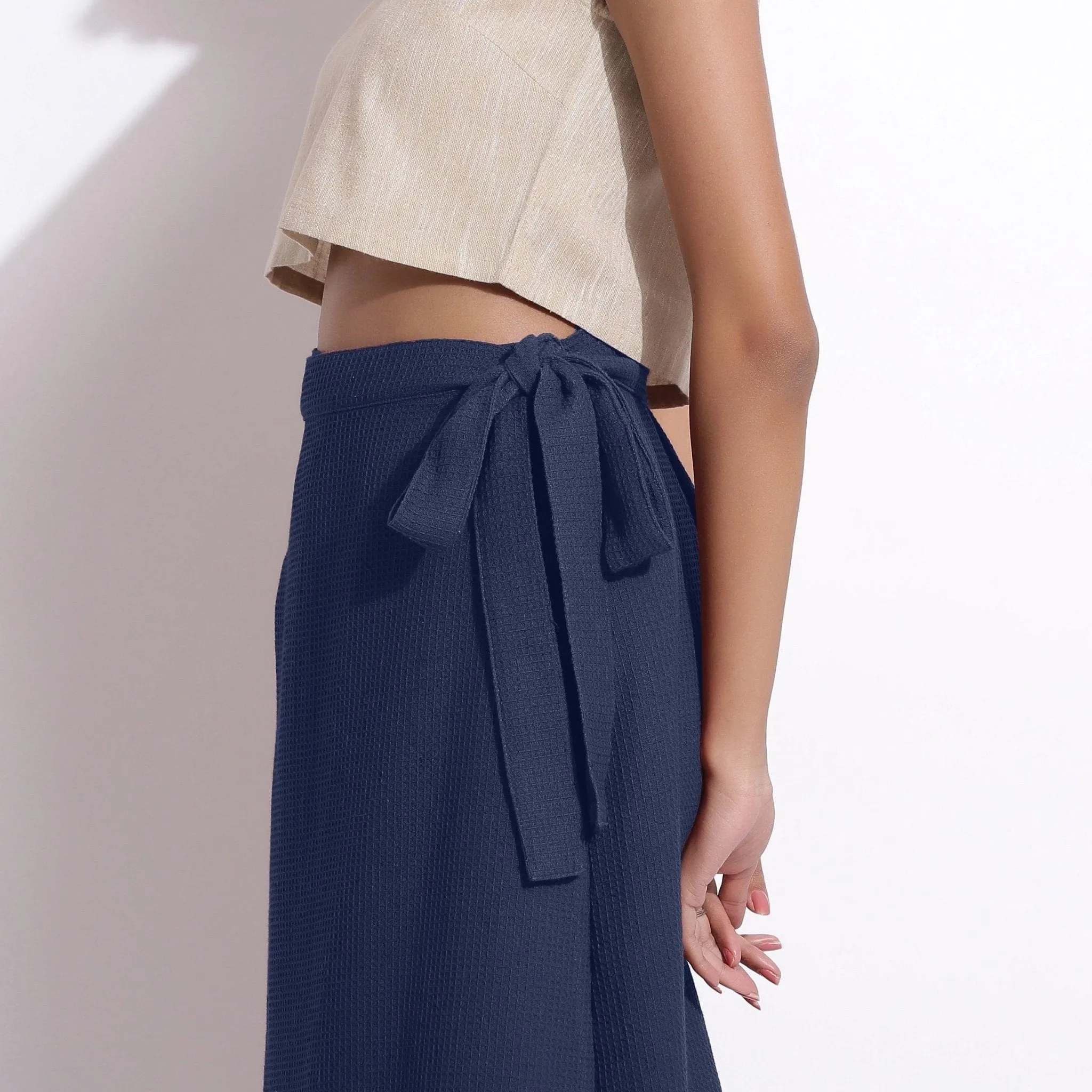 Navy Blue Warm Cotton Waffle Midi Wrap Skirt