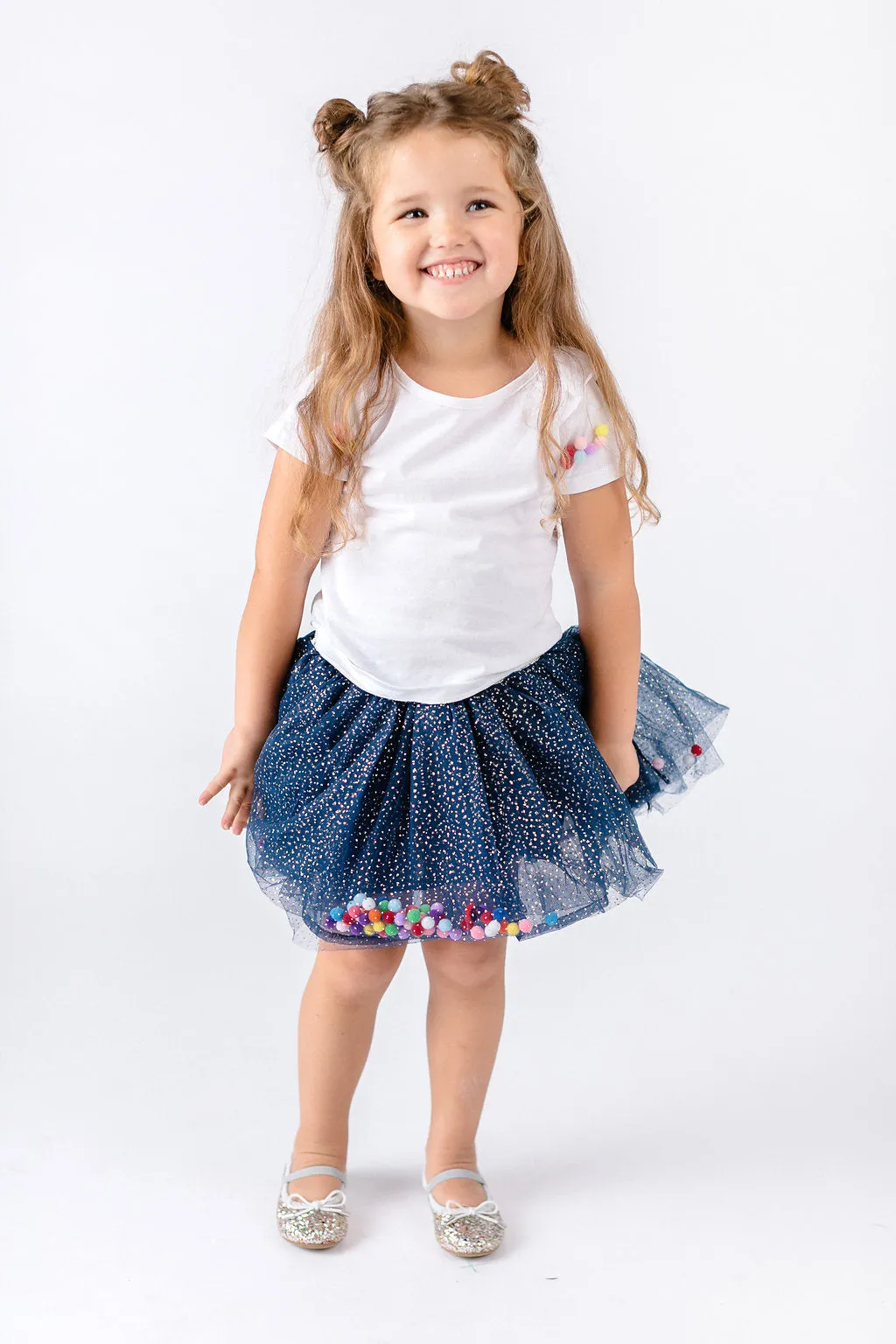 Navy Pom Poms Skirt