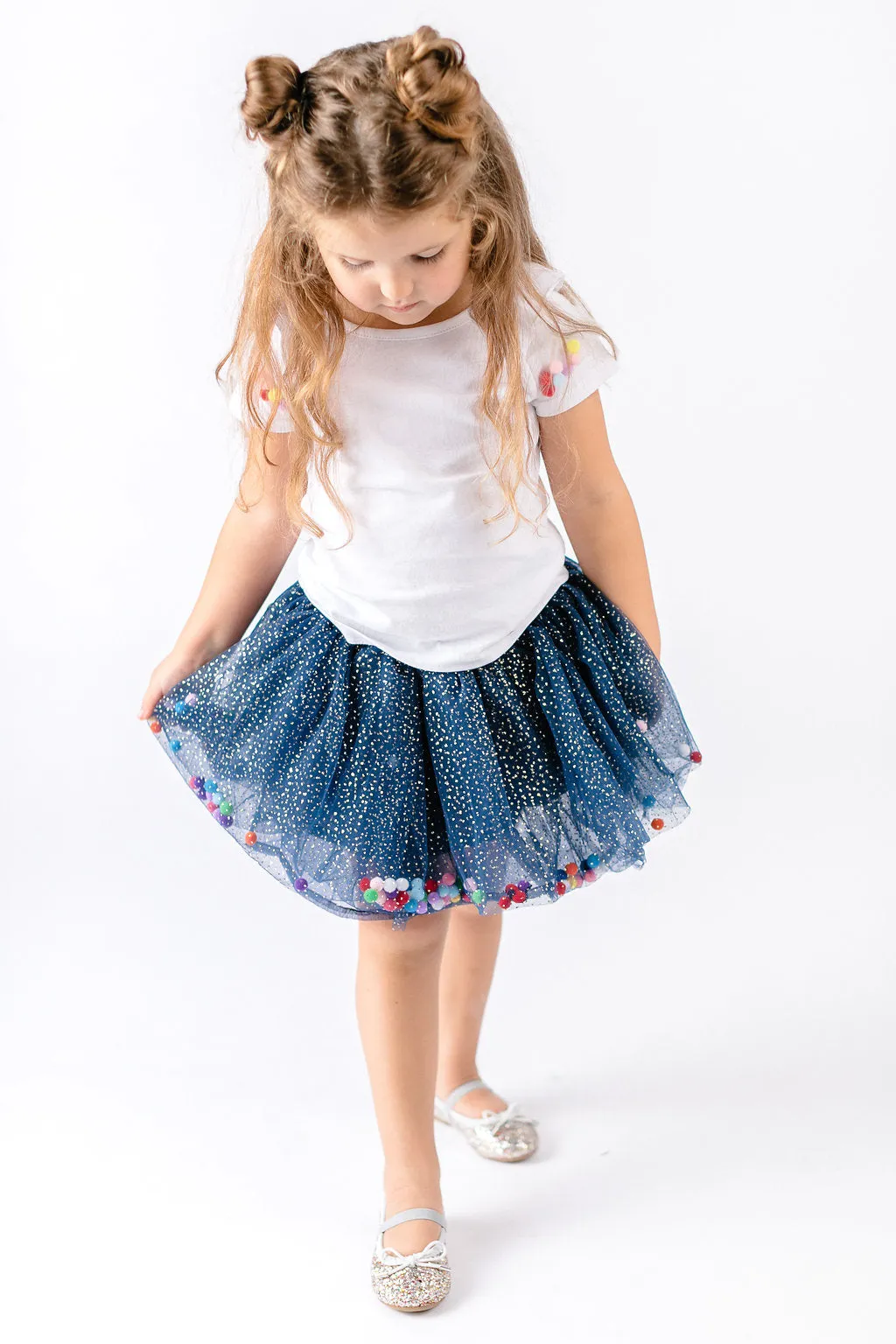 Navy Pom Poms Skirt