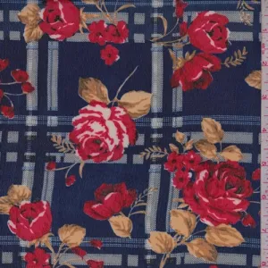 Navy/Ruby Plaid Floral Crepe Georgette Fabric