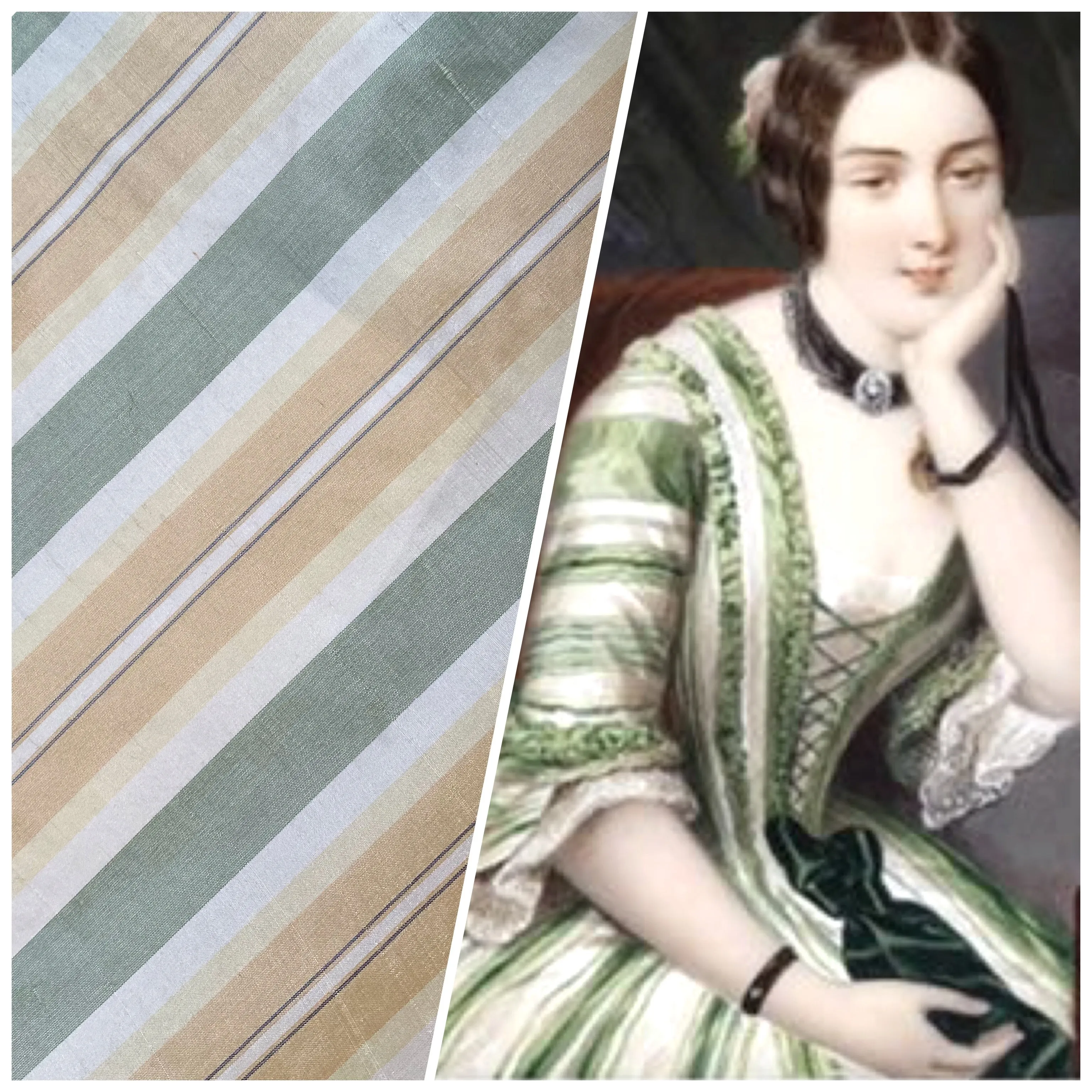 NEW Count Winston 100% Silk Taffeta Striped Sage Green, Ivory, & Yellow Fabric