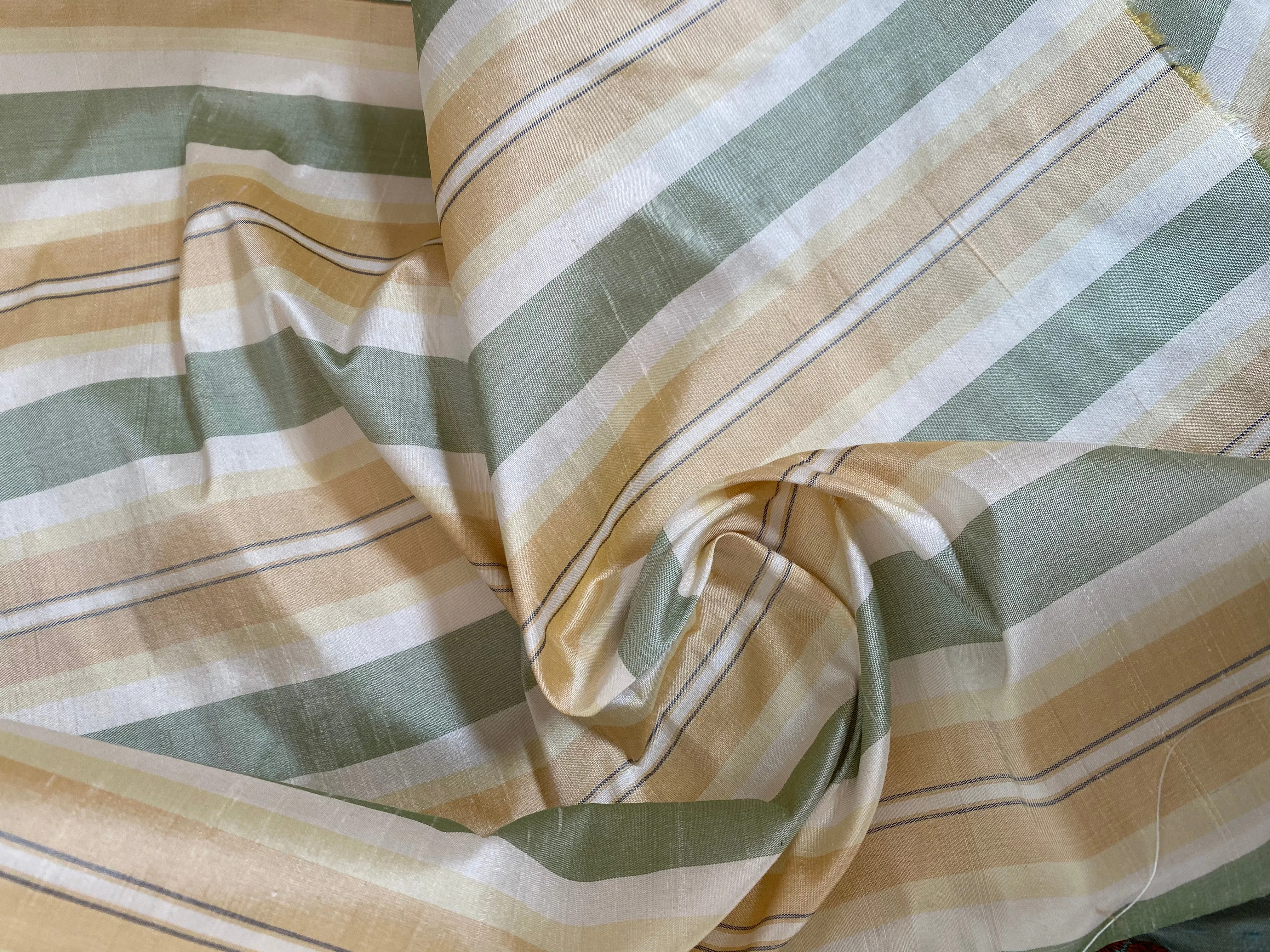 NEW Count Winston 100% Silk Taffeta Striped Sage Green, Ivory, & Yellow Fabric