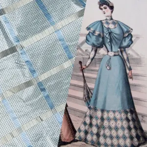 NEW Miss Jaqueline Designer 100% Silk Taffeta Gingham Ribbon Square Stripes Fabric - Blue and Gold SB_6_28