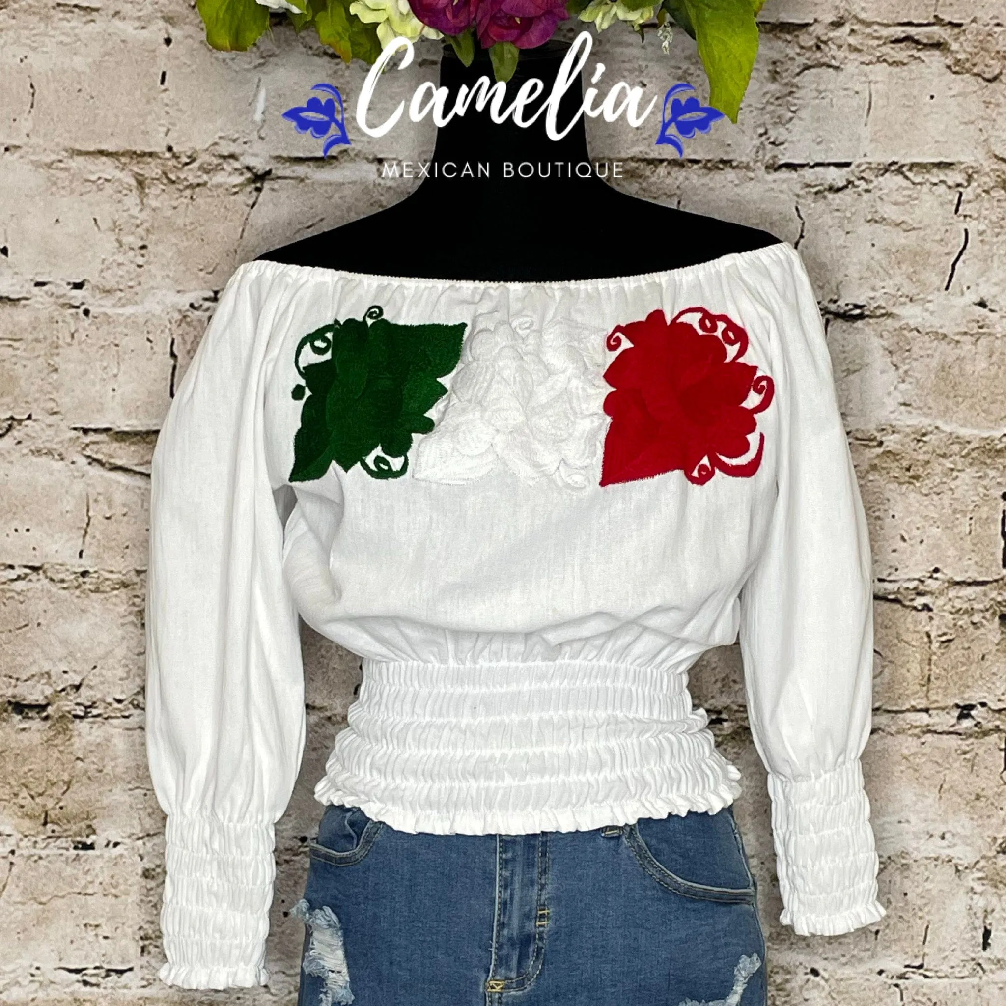 Off Shoulder Tri-Color VIVA MEXICO Blouse - Long Sleeve