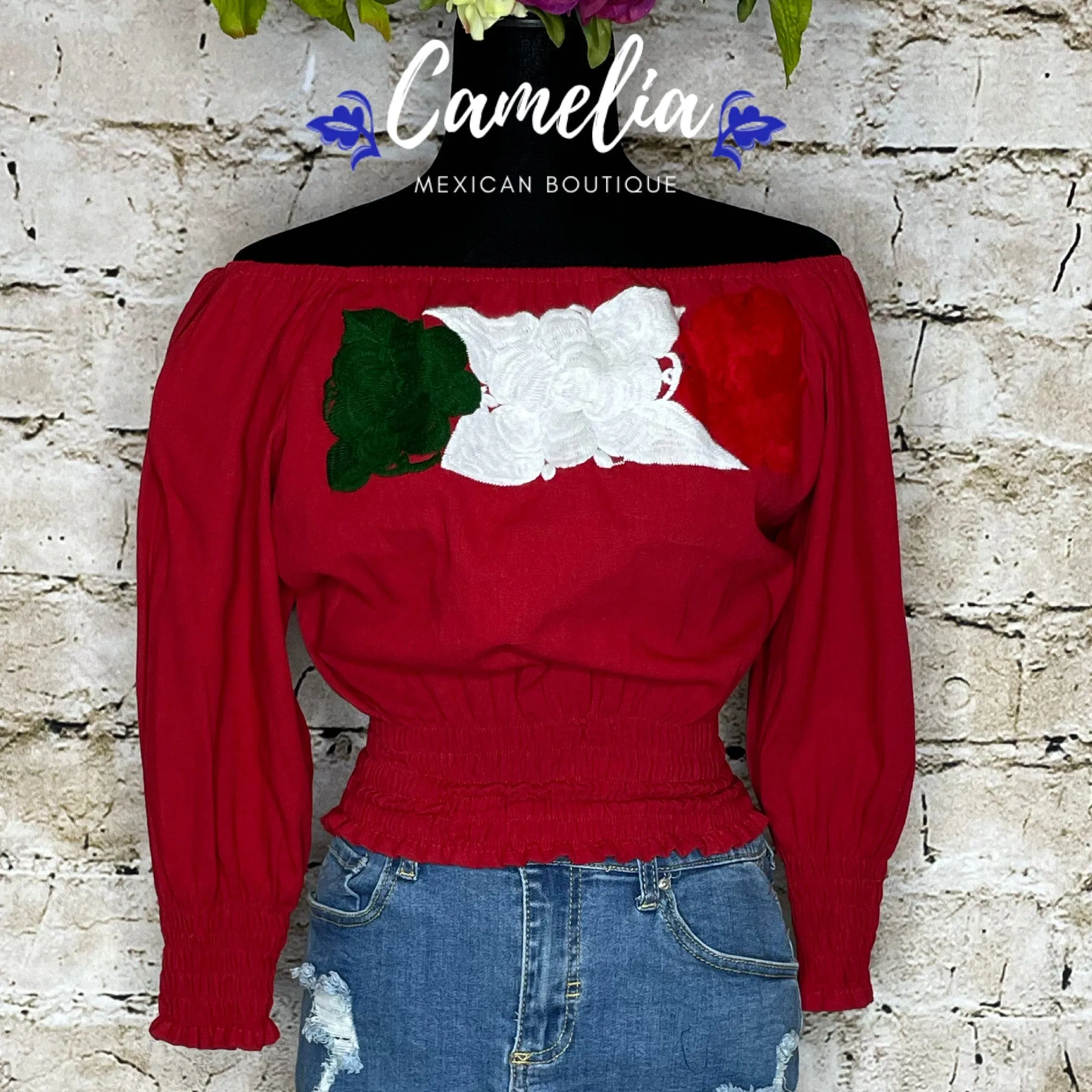 Off Shoulder Tri-Color VIVA MEXICO Blouse - Long Sleeve