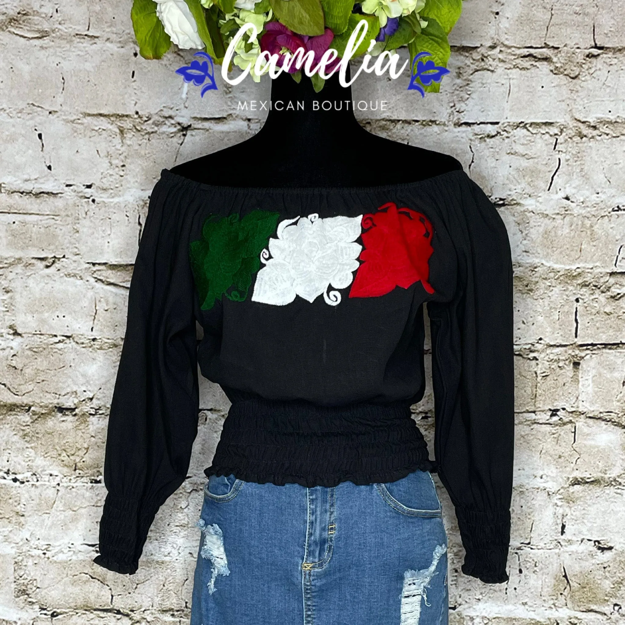 Off Shoulder Tri-Color VIVA MEXICO Blouse - Long Sleeve