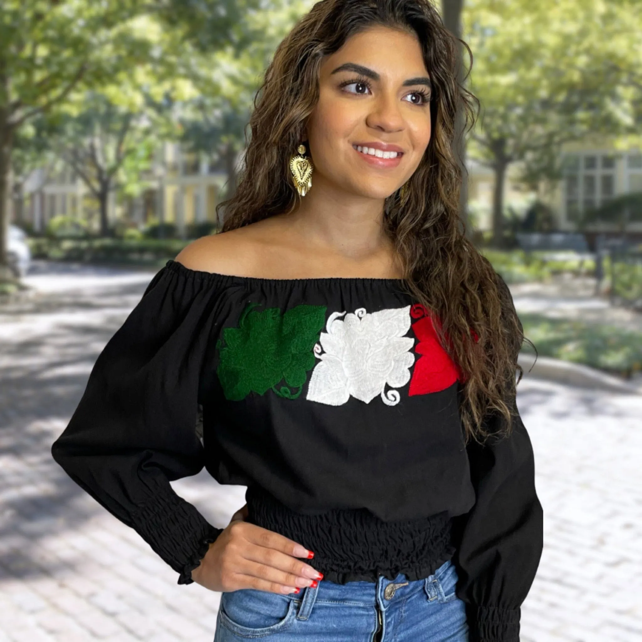 Off Shoulder Tri-Color VIVA MEXICO Blouse - Long Sleeve