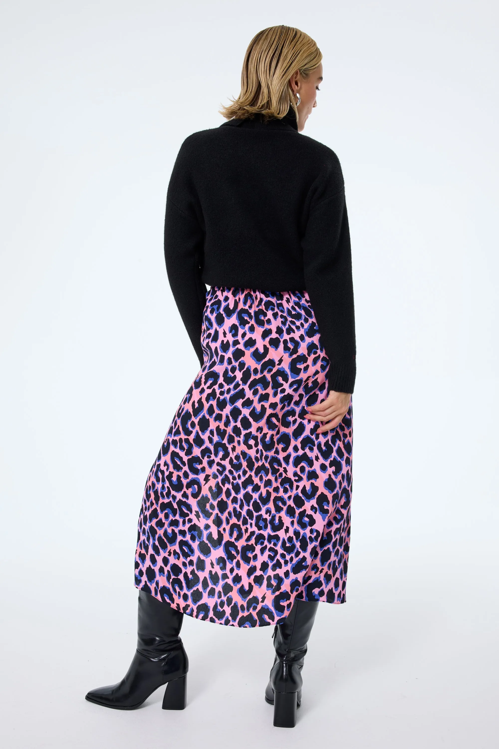 Pink with Blue and Black Shadow Leopard Split Front Skirt