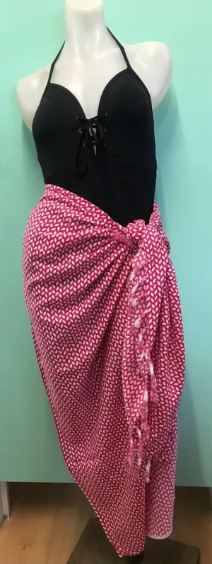 Rayon Sarong Soft Patterned Fringed Sarong Hot Pink/White