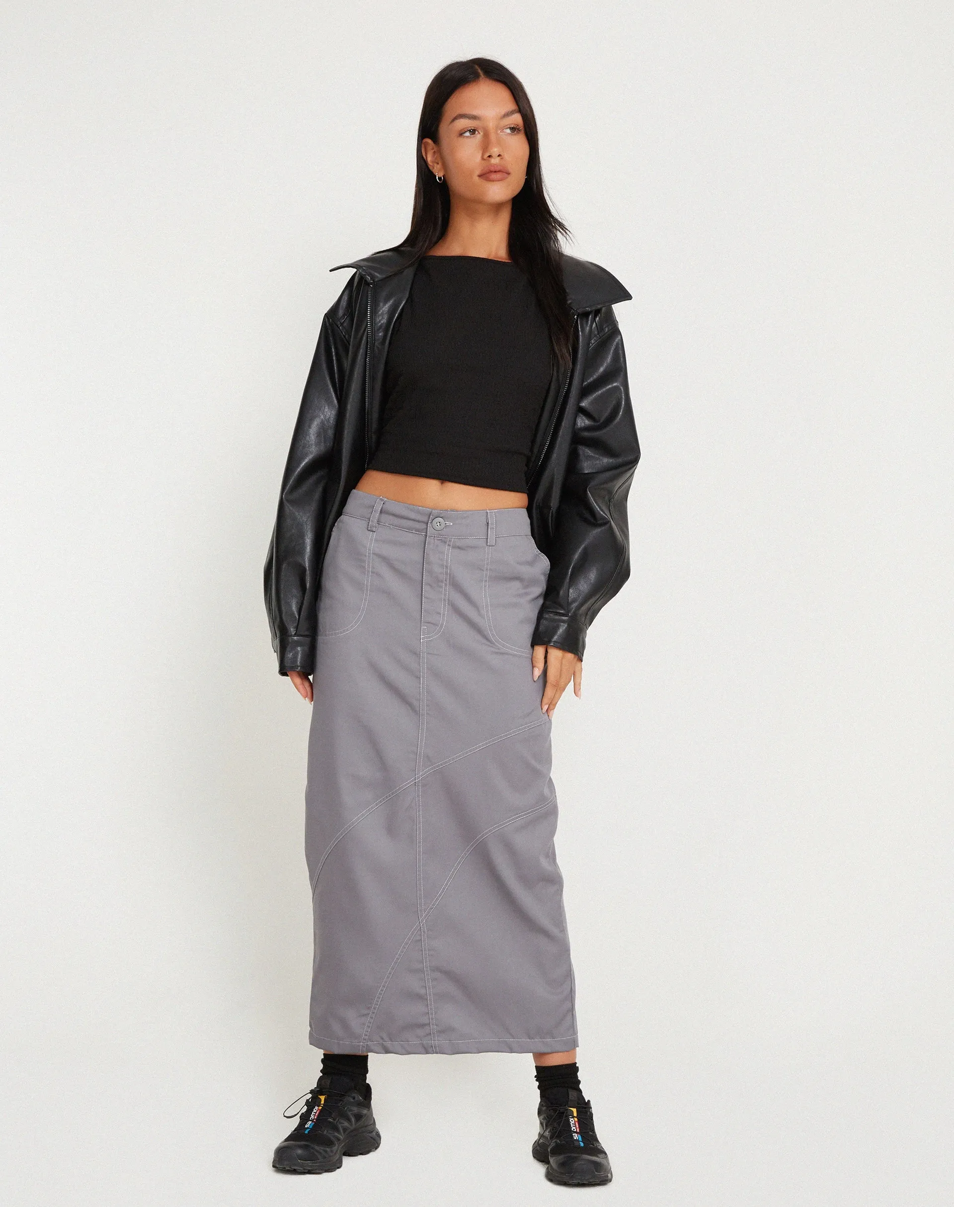 Reese Cargo Midi Skirt in Charcoal Grey with White Stitch